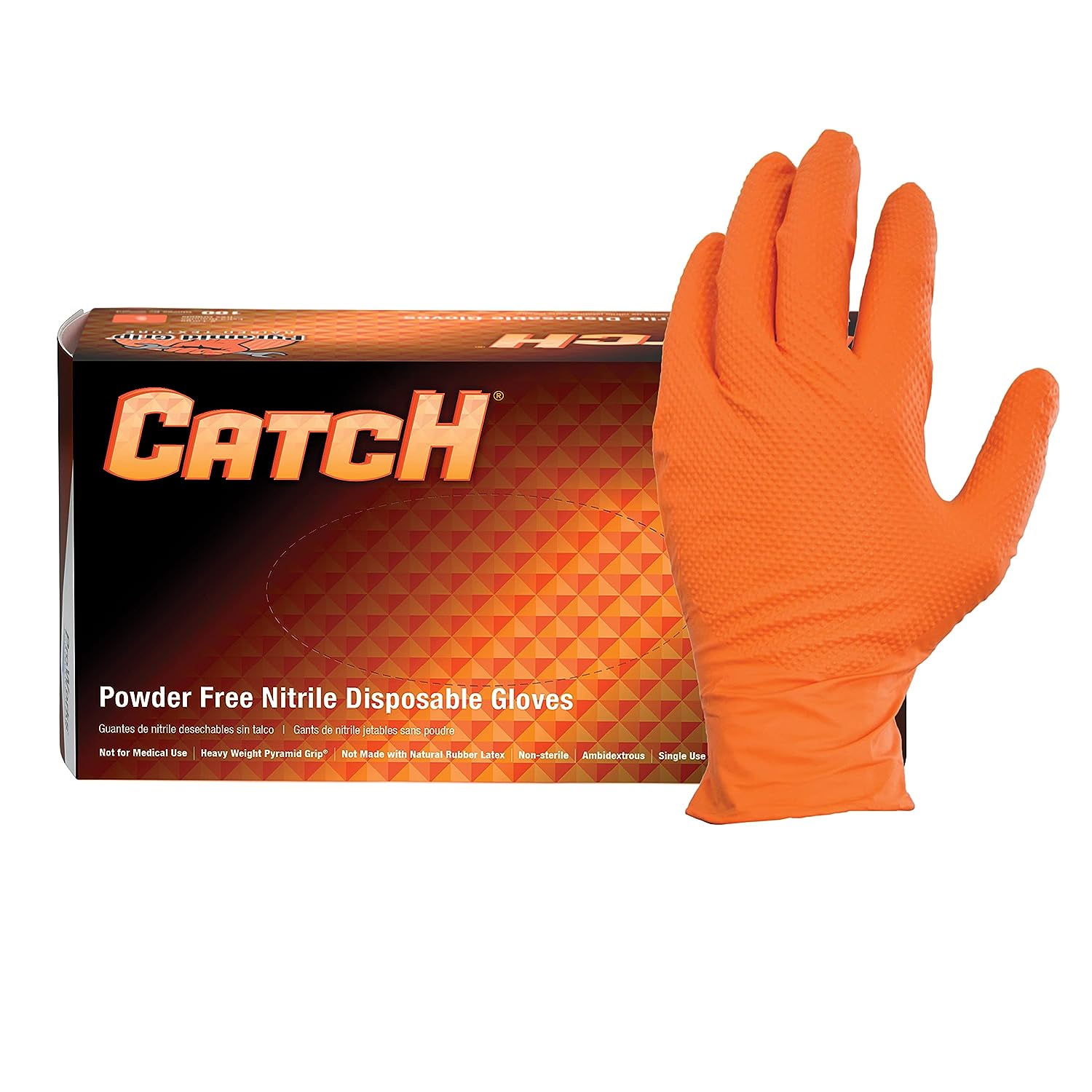 CATCH Nitrile Disposable Gloves with Pyramid Grip Texture, Industrial, Powder-Free, Orange, 9 mil (Box of 100) - BHP Safety Products