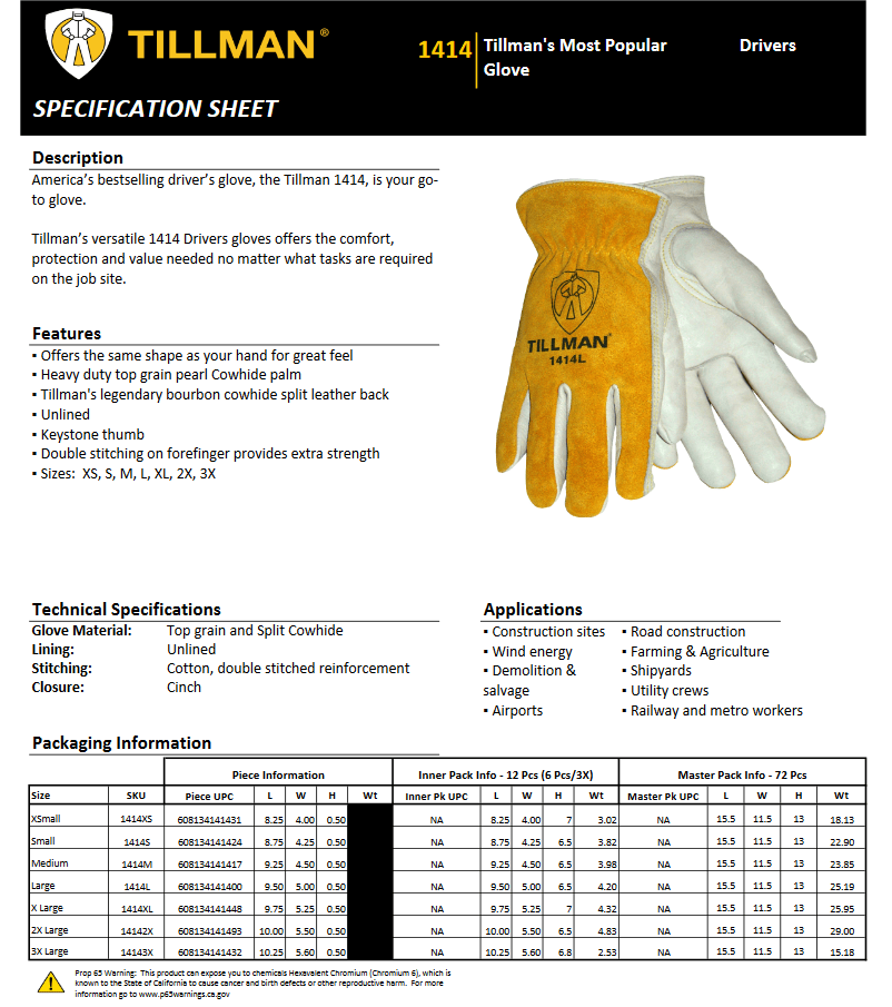Tillman 1414 Top Grain/Split Cowhide Back Leather Drivers Glove - BHP Safety Products